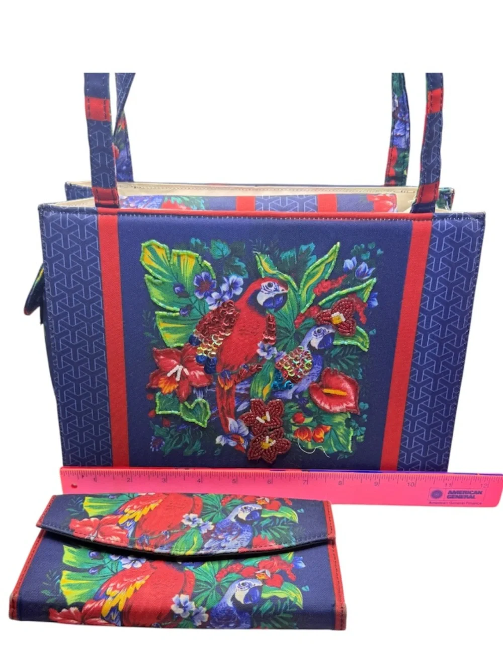 Tropical Parrot Beaded Embroidered Canvas Tote Bag Matching Wallet Set Y2K